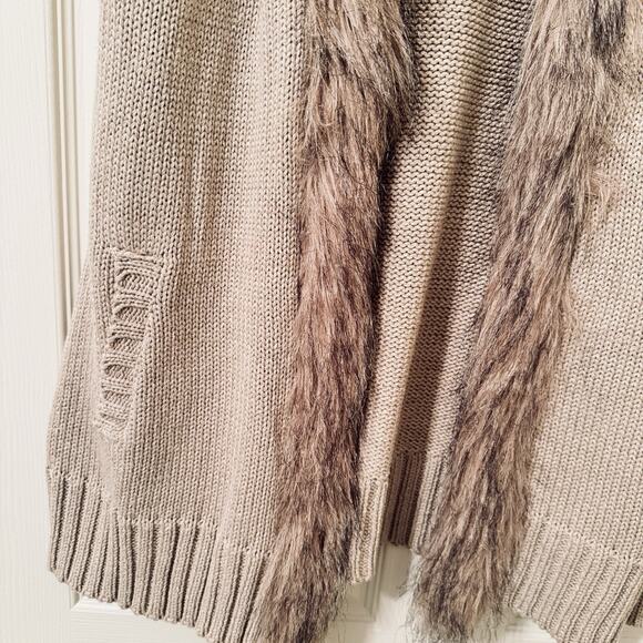 Rxb Beige Sweater Vest Open Cardigan Faux Fur Lined Boho Duster Longline Knit M - Picture 2 of 5